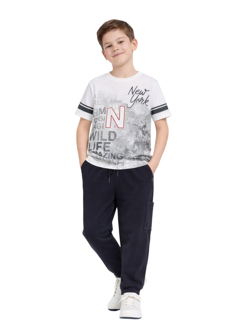 victor and jane Boys Typographic Print T-Shirt & Navy Cargo Joggers Set - Image 1